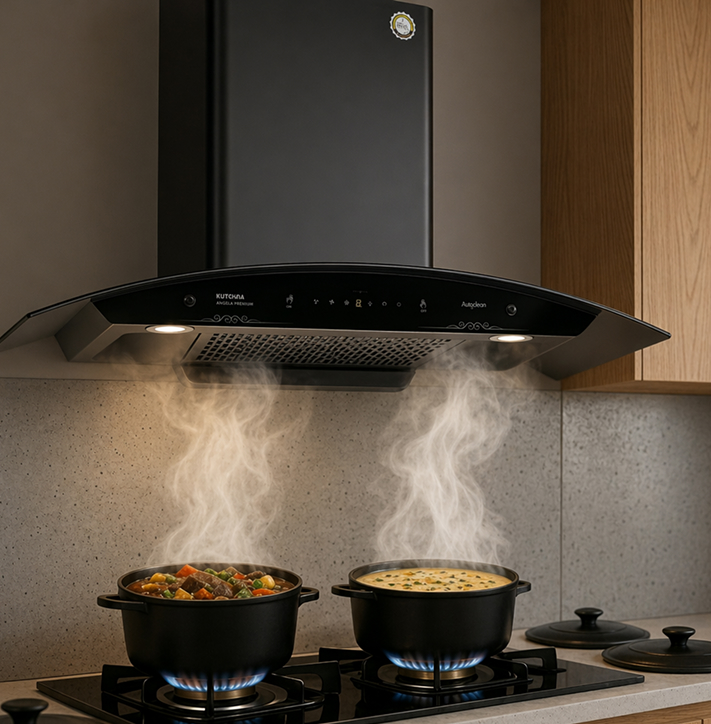 Kutchina auto-clean chimney over active cooktop